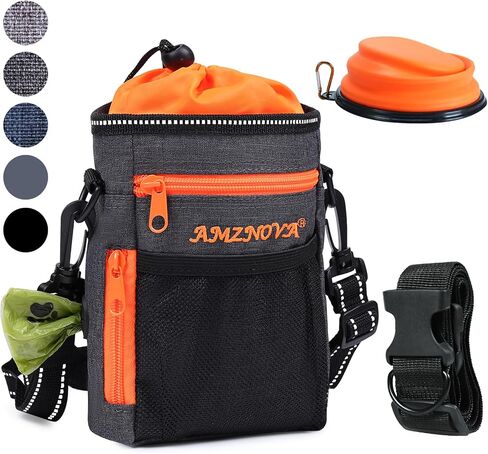 AMZNOVA Dog Treat Bag, Large Dog Training Pouch with Adjustable Should Strap, Waistband, Poop Bag Dispenser, Easy to Carry All Doggy Items, Black in Saudi Arabia