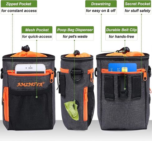 AMZNOVA Dog Treat Bag, Large Dog Training Pouch with Adjustable Should Strap, Waistband, Poop Bag Dispenser, Easy to Carry All Doggy Items, Black in Saudi Arabia