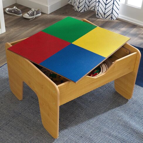 KidKraft 2-in-1 Reversible Top Activity Table with 200 Building Bricks and 30-Piece Wooden Train Set, Natural, Gift for Ages 3+ in Saudi Arabia