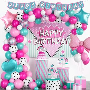 108 PCs Surprise Birthday Party Decorations, Homond Doll Themed Cartoon Birthday Party Decorations Backdrop Balloon Garland Arch Banner Cake Cupcake Topper Star Bow Tie Spot Pink Teal Blue