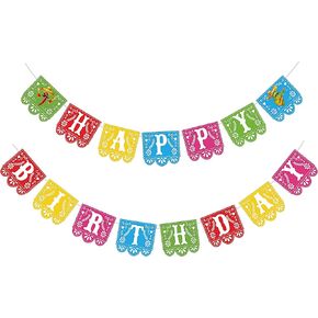 Joy Bang Fiesta Birthday Banner Decorations, Mexican Theme Party Decor, Cinco de Mayo Happy Birthday Banner Papel Picado Garland, Feliz Cumpleaños Banner for Kids Adults, Fiesta Party Favor Supplies