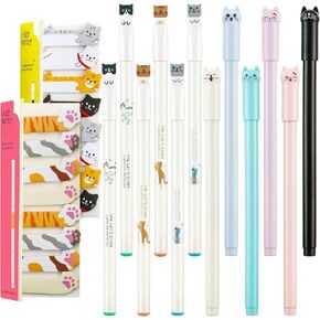14 Sets Cute Cat Pens Stationary Set, 12 Pcs 0.5mm Cat Design Gel Pens and 320 Pcs Kawaii Sticky Notes Page Bookmarks Tab for Kitten Lovers Kids Women Office School Classroom Supplies(Cat Style)