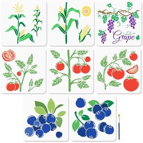 MAYJOYDIY 8Pcs Fruits Vegetables Stencil 11.8×11.8inch Blueberry Grape Corn Tomato Stencil with Paint Brush Farm Fruit Harvest Template for Wood Window DIY Craft