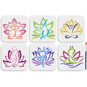 MAYJOYDIY 6Pcs Yoga Lotus Painting Template 6×6inch Reusable Lotus Flower Stencil with Paint Brush PET Hollow Out Drawing Stencil for Wood Fabric Wall Window DIY Craft