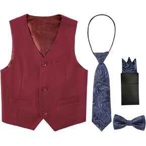 Boys Vest Formal 4 Piece Suit Vest Solid Color Waistcoat and Tie Set with Pockets
