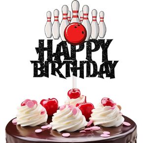 Black Glitter Bowling Ball Happy Birthday Cake Topper for Bowling Rolling into Theme Party Favors Decorations Men Women Kids Happy Birthday Party Decor Supplies
