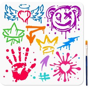 MAYJOYDIY Graffiti Stencil for Painting 11.8×11.8inch Palm Star Arrow Heart Graffiti Stencil with Paint Brush Reusable Feather Crown Doodle Template for Wood Window DIY Craft Photo Album