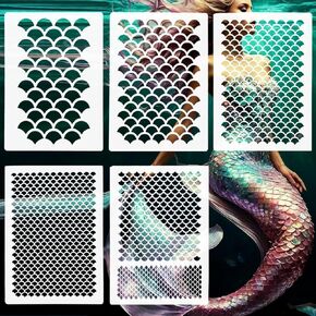 5Pcs Mermaid Stencils – Fish Scale Painting Templates for Face, Body, Walls & DIY Crafts – Reusable Makeup Stencils for Halloween, Parties & Home Décor (8 x 6 Inches)