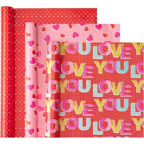 WRAPAHOLIC Valentine's Day Wrapping Paper Roll - Mini Roll - 3 Rolls - 17 Inch X 120 Inch Per roll - Love You Lettering and Hearts Design for Valentine's Day, Wedding, Mother Day