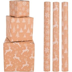 Vnaaem Kraft Christmas Wrapping Paper Bundle - 3 Rolls - 17 Inches X 120 Inches Per Roll - White Classic Christmas Reindeer Tree Snowflake Pattern Great for Holiday