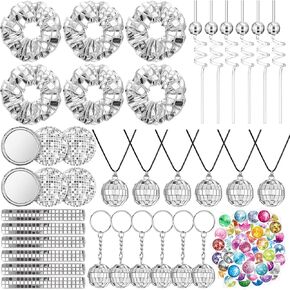 Disco Ball Party Favors Glitter Sequin Disco Scrunchies Keychains Necklaces Compact Mirrors Straws Slap Bracelets for Bachelorette Bridal Shower Retro 80s 90s New Year Christmas Xmas Party Supplies
