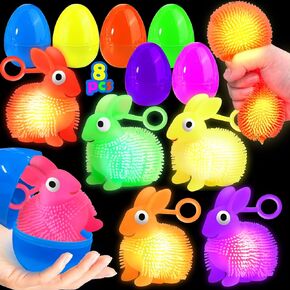18 Pcs Easter Eggs Filled with LED Chick Puffer Balls, Easter Basket Stuffers with Light Up Stress Relief Fidget Toys Squeeze Ball for Kids Boys Girls Party Favor Gifts Easter Egg Hunt Fillers