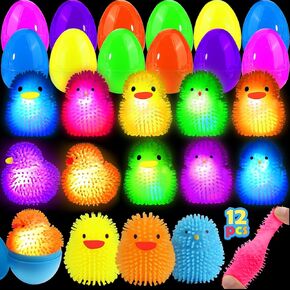 18 Pcs Easter Eggs Filled with LED Chick Puffer Balls, Easter Basket Stuffers with Light Up Stress Relief Fidget Toys Squeeze Ball for Kids Boys Girls Party Favor Gifts Easter Egg Hunt Fillers