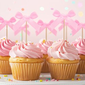 20Pcs Pink Bow Cupcake Toppers, Coquette Cake Topper Birthday Decorations, Cake Decorating Kits Pink Bows for Cake, Birthday, Coquette Themed Party Decoration, Graduation Party