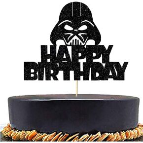 Alien War Darth Vader Happy Birthday Cake Topper, Black Glitter Alien War Cake Decorations, Star Themed Birthday Baby Shower Cake Topper Party Supplies (model 4)