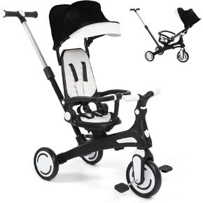 Toddler Bike, Tricycle for Toddlers 1-3, 6 in 1 Kids Baby Trike with Adjustable Push Handle and Canopy, Rotatable Seat, Safety Harness, Storage, Toddler Stroller Bike for 10 Months+, Black