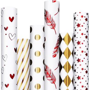 E eLainfia 6 Rolls Fridthing Wrapp Paper Christmas Wrapp Paper Roll Wabs Paper Colorful Gold Heart Dots Star Happy Birthday Party Holiday