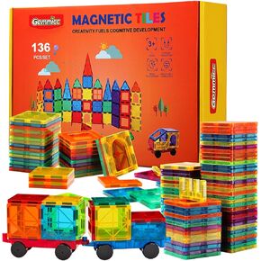 Gemmicc Magnetic Tiles, Deluxe 136 PCS Building Blocks Magnet Toys for Kids,3D Magnet Puzzles Stacking Blocks for Boys Girls,Huge Set with 2 Cars