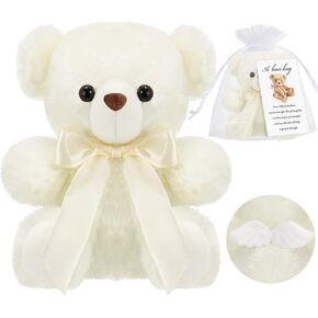 HyDren Angel Bear Plush Stuffed White Animal Bear Sympathy Dolls Gift Ribbon Bow and Condolences Card for Kid Boy Girl Funeral Memorial Comfort Loss of Loved One