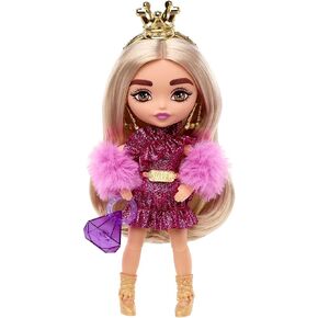 Barbie Extra Minis Doll & Accessories with Blonde Hair Wearing Shimmery Dress & Furry Shrug, 5.5-inch