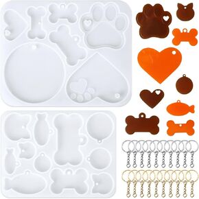 Pet Tag Resin Mold, 2pcs Transparent Dog Tag Molds for Resin with 20pcs Key Rings Bone Shape Molds Silicone Mold Accessory for Pet Tag Keychain DIY Crafts Making