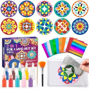 Foil Art & Sand Art Kit, 2 in 1 Mandala Arts and Crafts for Kids Ages 4-8, Mess Free DIY Coloring Kit for Girls and Boys, Thanksgiving Christmas Festivals Party Gifts