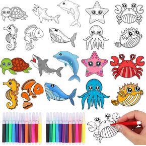 60 Set Ocean Animal Art Cards DIY Sea Animals Coloring Magnet Ornaments with 24 Colored Pen Ocean Craft Kits for Kids Sea Coloring Craft Painting Card for School Art Party Favors DIY Crafts Home Decor