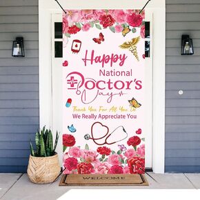 Happy National Doctor's Day Door Cover Decorations Backdrop Pink Carnation flowers Medical Theme Thank You Doctors Door Banner Doctor Appreciation Week Banner for Office Party Supplies