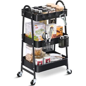 KINGRACK 3 Tier Utility Rolling Cart, Metal Rolling Storage Cart, Craft Art Cart with Handle and Locking Wheels & 2 Hanging Baskets 4 Hooks for Bathroom, Bedroom, Pink