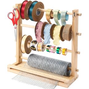 Ribbon Organizer - Wooden Ribbon Spool Holder for Mesh Ribbon Wreath Thread Tulle Roll Washi Tape, Ribbon Holder Organizer Rack for Craft Room, Florist Supplies, Wrapping Craft Present
