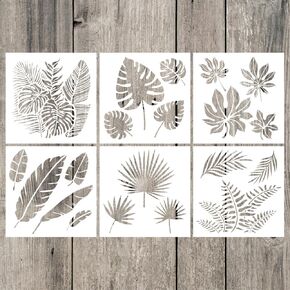6 Pieces Tropical Fern Leaf Painting Stencils, Reusable Leaves Template Set with 1 Brush, Tropical Stencil Plastic Paint Stencils Drawing Templates (Leaves,5.9 x 5.9 Inches)