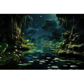 Forest River Aquarium Background Lily Pads Aquatic Plants Moon Stars Night Natural Landscape Terrarium Background Tropical Plants Lush Moss Aquarium Backdrop Fish Tank Decor Vinyl 72x18in