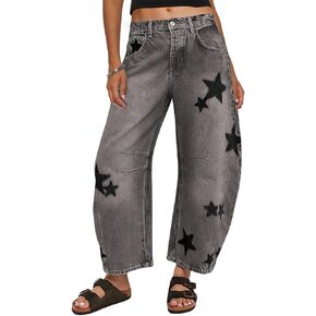 loveimgs Women's Mid Rise Barrel Jeans Wide Leg Baggy Printed Loose Y2k Boyfriend Denim Pants Horseshoe Jeans