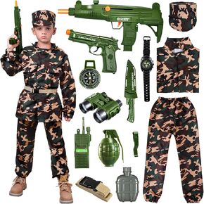 Kids Army Costume for Boys, Boys Military Soldier Costume with Army Toys, Halloween Costumes Dress Up Role Play Set