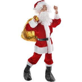 Child Santa Suit 9Pc Deluxe Plush Christmas Children’s Santa Claus Kids Halloween Costume Cosplay for Boys