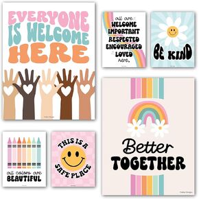 Hadley Designs Diversity Posters for Classroom – 6 Kindness Posters for Classroom Decor, Multicultural, Inclusive Wall Art for Teachers & Workplace, 11x14 Retro Diversity Decor