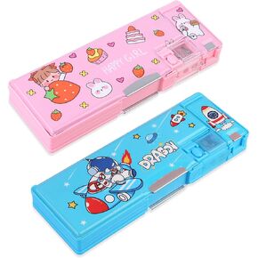 【2Pack】 Pop Up Multi function Pencil Case for Girls and Boys, Cute Cartoon Pen Box Organizer Stationery with Sharpener, Schedule, Best Birthday Gifts for Kids(Bear+Strawberry)