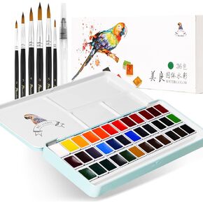 MeiLiang Watercolor Paint Set, 36 Colors in Portable Box with Metal Ring and 7 Paint Brushes, Art Supplies for Painting, Pretty Excellent Watercolor Set for Artists, Hobbyists, and Painting Lovers