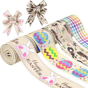 4PCS Easter Wired Ribbons Bunny Egg Burlap Ribbons 2.5Inch Width for Gift Wrapping Basket Wreath DIY Craft 24 Yards