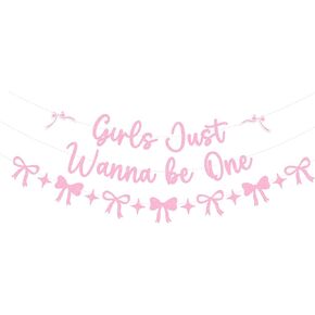 Girls Just Wanna Be One Pink Glitter Banner, Pre-Strung First Birthday Banner with Pink Bow Garland for Girl's 1st Birthday Decoration