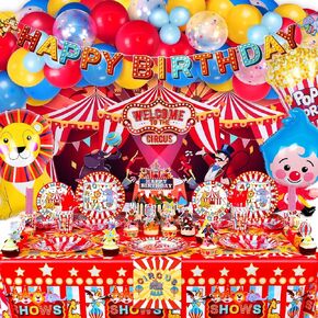 Carnival Theme Party Decorations, Circus Theme Party Decorations with Carnival Balloons, Carnival Backdrop, Tablecloth, Happy Birthday Banners, Cake Toppers, Paper Plates and Napkins Set