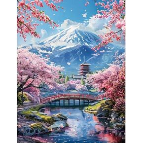 Momdedp 5D Mount Fuji Diamond Painting Kits للبالغين ، مجموعات فنون ساكورا الماس الجبلية للمبتدئين ، مجموعات فنون GEM GEM Diamond Full Diy لتديين المنزل 12 × 16 بوصة الكرز