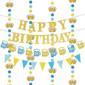 Beer Birthday Banner Beer Mug Pennant Banner Black Birthday Banner with Beer Mugs Happy Birthday Decorations for Men Women Happy Birthday Banner