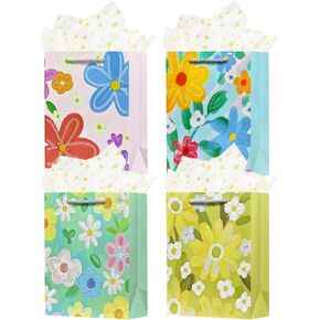 OFIHANLY 4Pcs 9" Small Size Floral Gift Bag with Handles for Happy Mother's Day Women Girls Baby Kids Cute Birthday Paper Gift Wrap Bags with Tissue Paper for New Mom, Grandma, Sister, Nana, Gigi