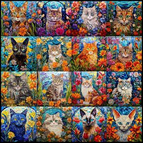 Bgraamiens Puzzle-Mosaic Art Cats-1000 Pieces Mosaic Art Puzzle for Adults, Stained Glass Art Puzzle with Cats and Flowers, Impossible Puzzle Color Challenge Cats Puzzle for Adults