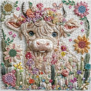 Crystal Highland Cow Puzzle for Adults 1000 Pieces, Cute Animal Jigsaw Puzzle, Flower Butterfly Diamond Gem Jewel Art Puzzle