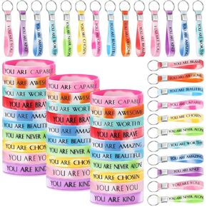 Sratte 60 Pcs Motivational Wristbands Gifts Inspirational Keychains Bulk Mental Health Gifts Adult Party Favors for Women Empowerment Teacher Volunteer Employee Appreciation(Warm Color)