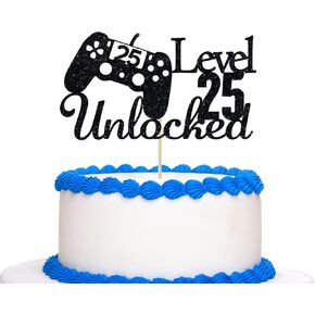 Glitter Level 25 Unlocked Cake Topper - Level Up 25th Birthday Cake Topper, Gamer Birthday Party Decorations Black