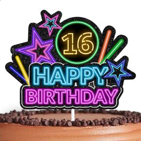 Happy Birthday 16 Cake Topper Let’s Glow Star Crazy Party Theme Decoration Supplies Boys Girls Happy 16th Birthday Anniversary Party Decor Supplies Colorful Glitter