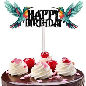 Black Glitter Hummingbird Happy Birthday Cake Topper for Flying Bird Theme Party Favors Decorations Men Women Kids Happy Birthday Party Decor Supplies
